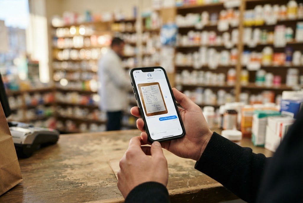 Smartphone zeigt das Foto eines Rezepts im Chat, gehalten über dem Apothekentresen