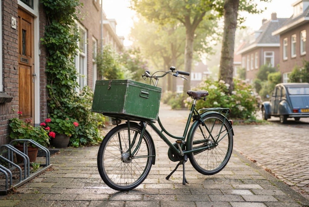 Lieferfahrrad mit grüner Transportbox in einer Wohnstraße