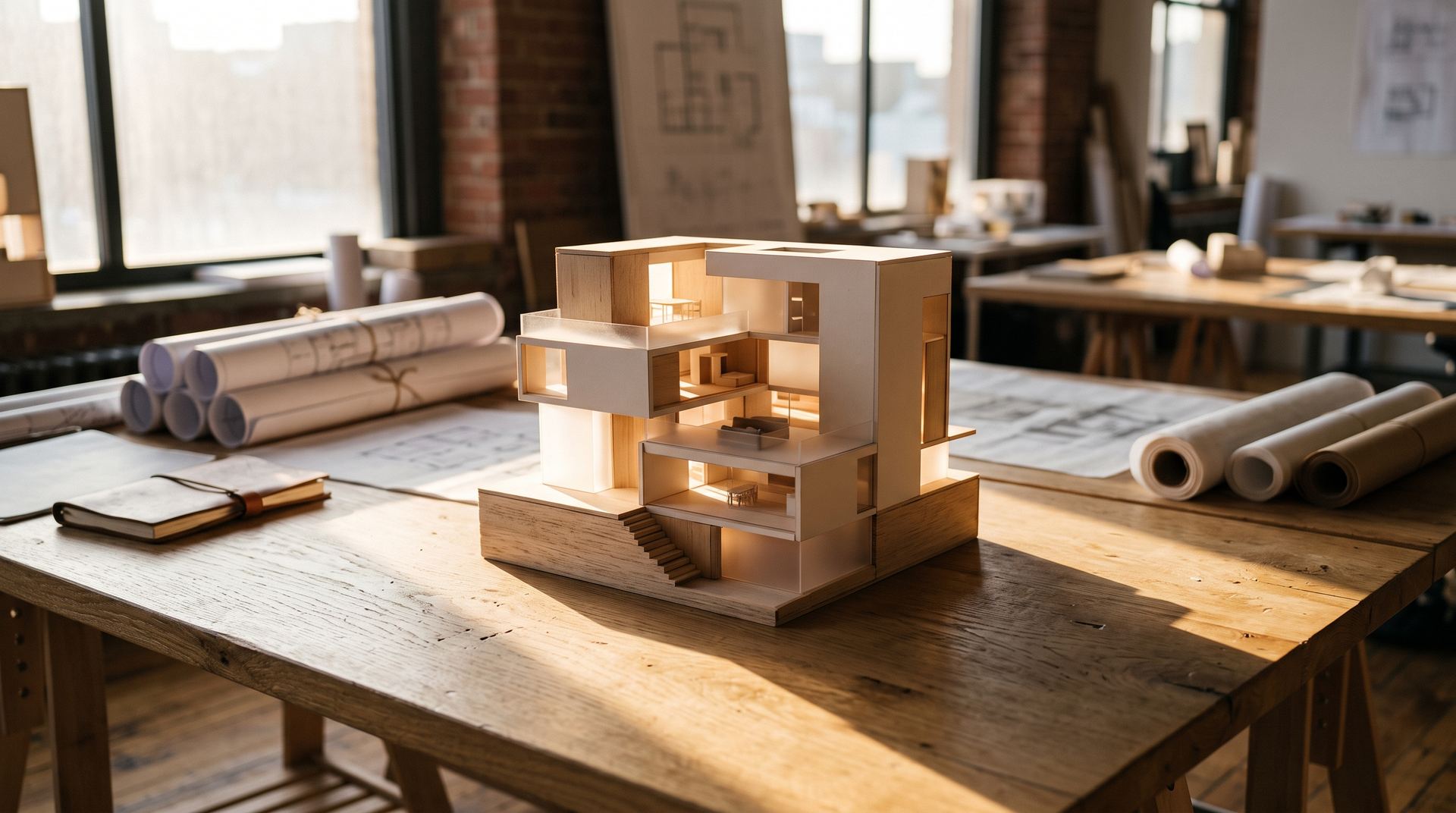 Architekturmodell eines Wohnhauses aus weißem Karton auf einem Werktisch im Bremer Büro, daneben aufgerollte Pläne