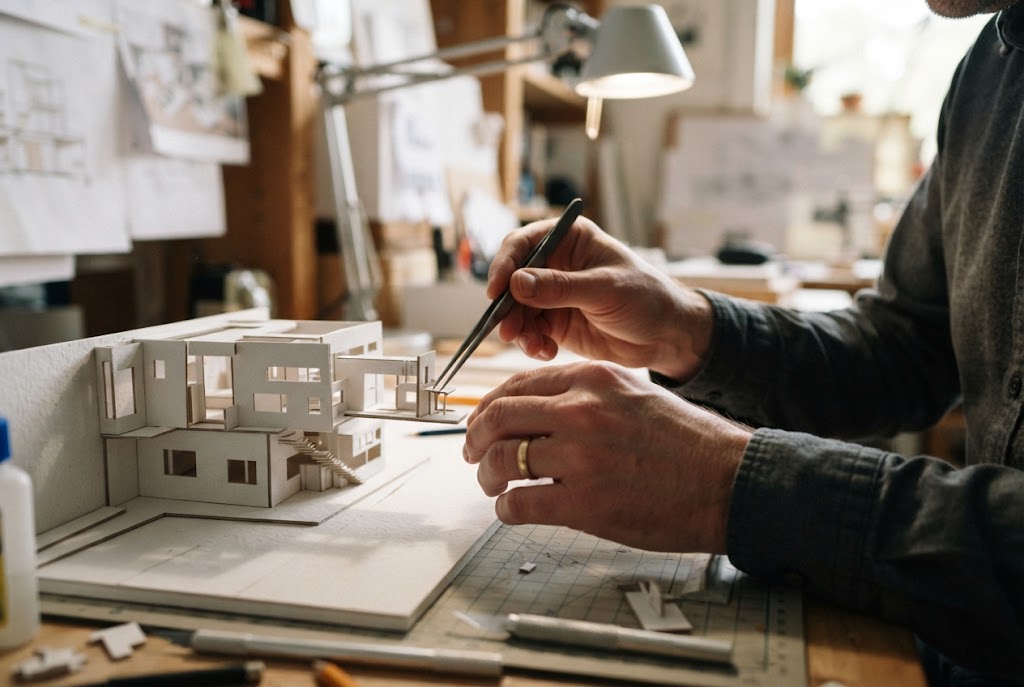 Architekt setzt mit einer Pinzette ein Bauteil in ein weißes Kartonmodell auf dem Werktisch
