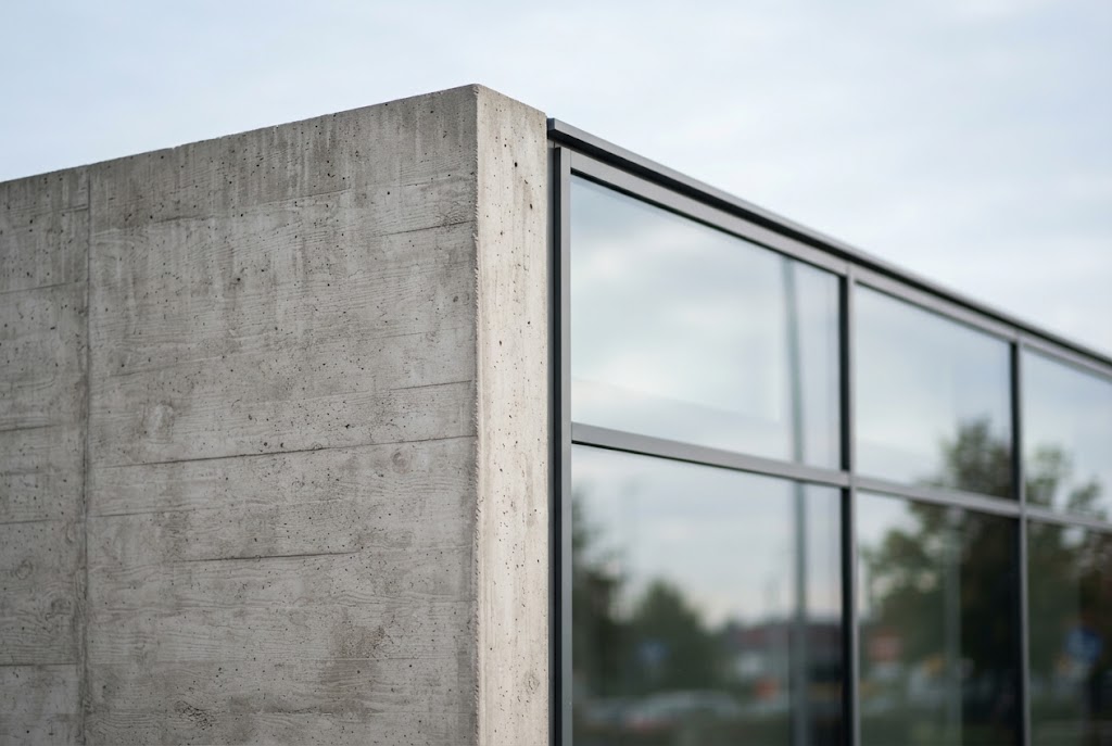 Gebäudeecke aus Sichtbeton und schwarz gerahmter Glasfassade vor hellem Himmel