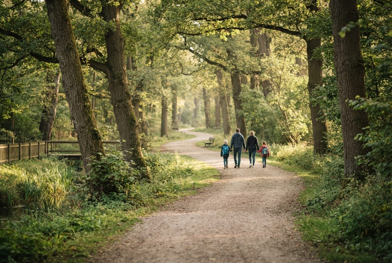 Weg durch den Bremer Bürgerpark im Morgenlicht auf dem Weg zum Hausbesuch