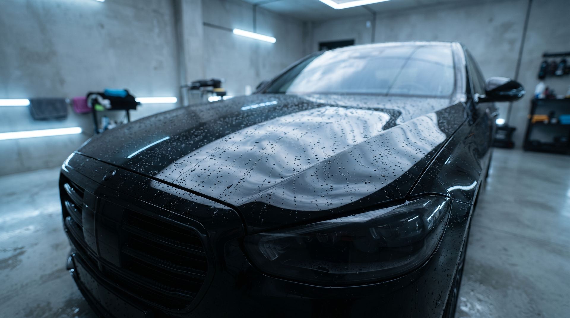 Frisch aufbereitete schwarze Limousine mit Wasserperlen auf der Motorhaube in einer Betonhalle mit kühlem Licht