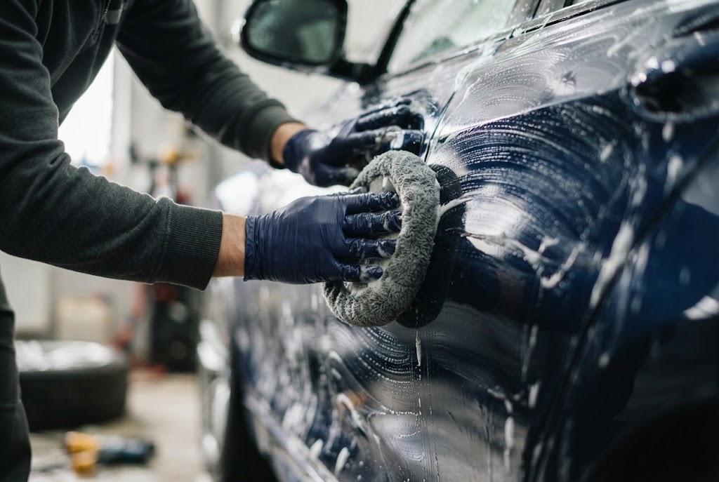 Aufbereiter wäscht mit Mikrofaser-Handschuh und dickem Schaum eine Fahrzeugtür von Hand