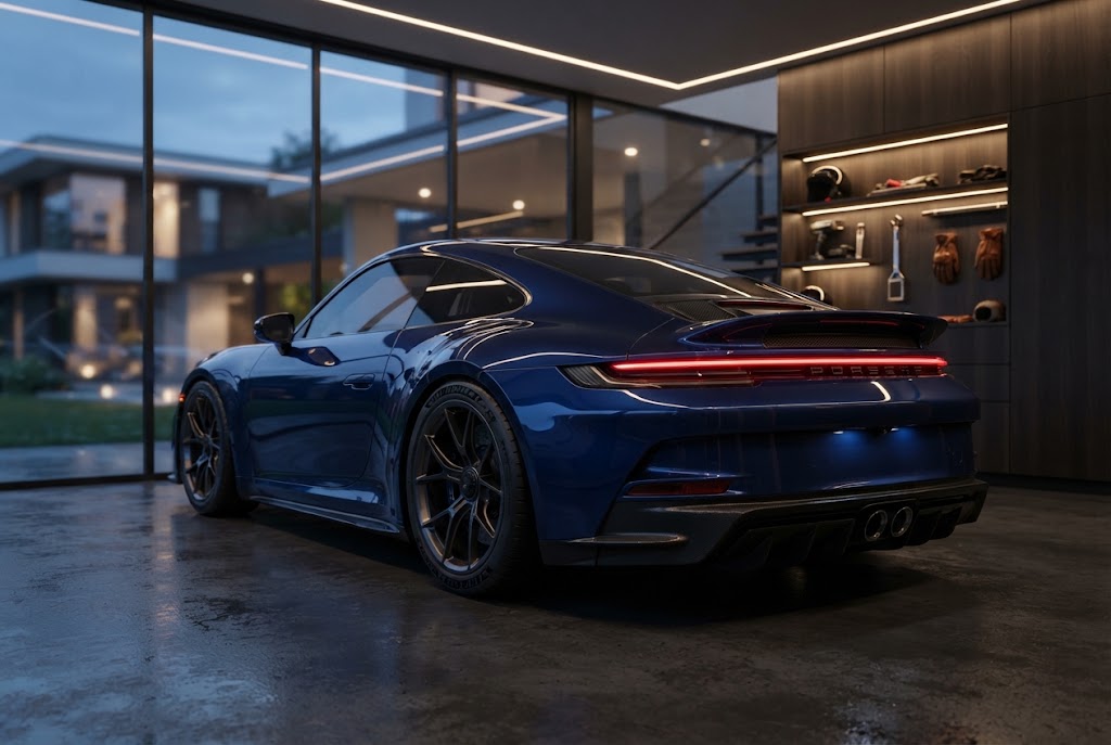 Sportcoupé nach der Aufbereitung: tiefschwarz-blauer Lack spiegelt die Beleuchtung der Glasgarage