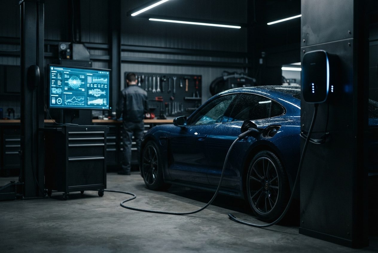 Elektrofahrzeug lädt beim EV-Service neben dem Diagnose-Monitor in der Halle