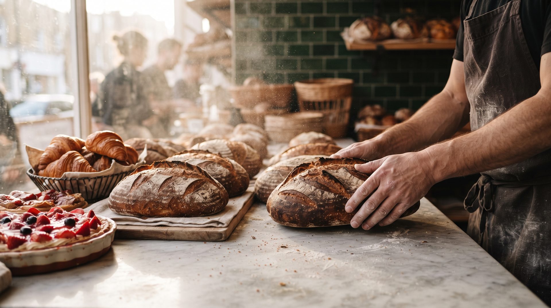 Bäckerei-Theke mit Sauerteiglaiben, Tartes und den Händen des Bäckers