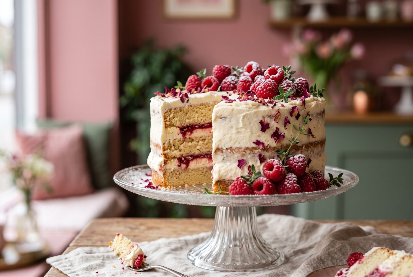 Beeren-Schichttorte mit Creme auf einer Tortenplatte