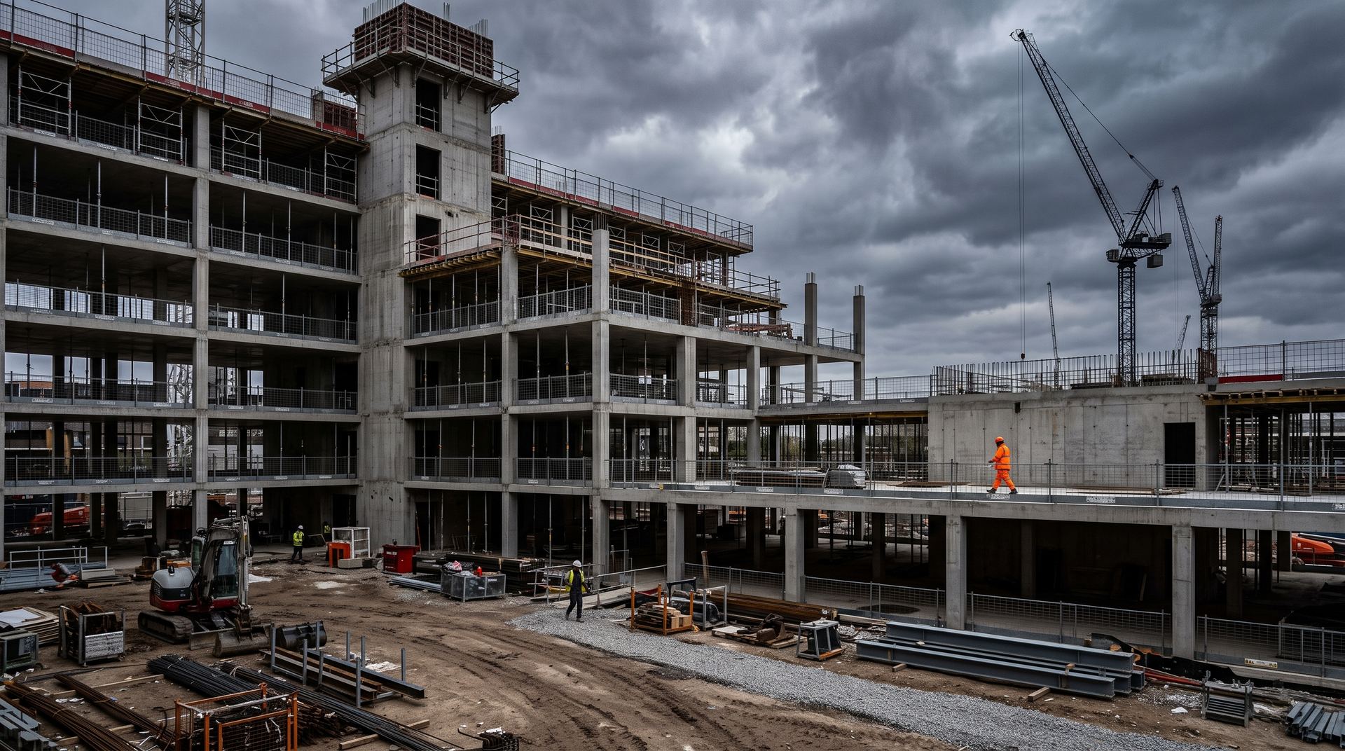 Rohbau eines mehrgeschossigen Gebäudes mit Betonskelett, Kranen im Hintergrund und einem Bauarbeiter in oranger Warnkleidung