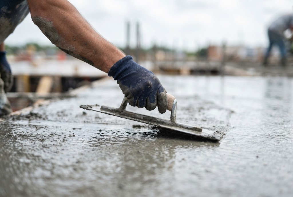 Hand eines Betonbauers glättet mit der Kelle frisch gegossenen Beton auf einer Bodenplatte