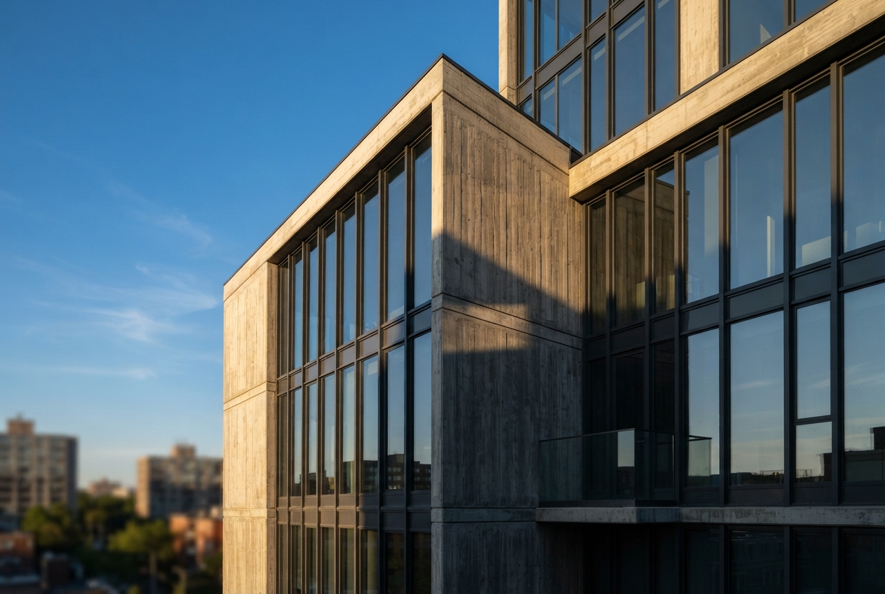 Fertiggestellte Gebäudeecke aus Sichtbeton und Glas im Abendlicht