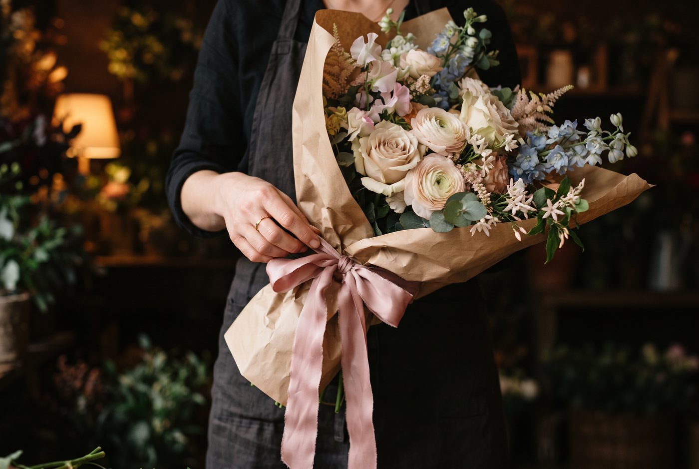 Handgebundener Strauß in Kraftpapier mit rosa Schleife