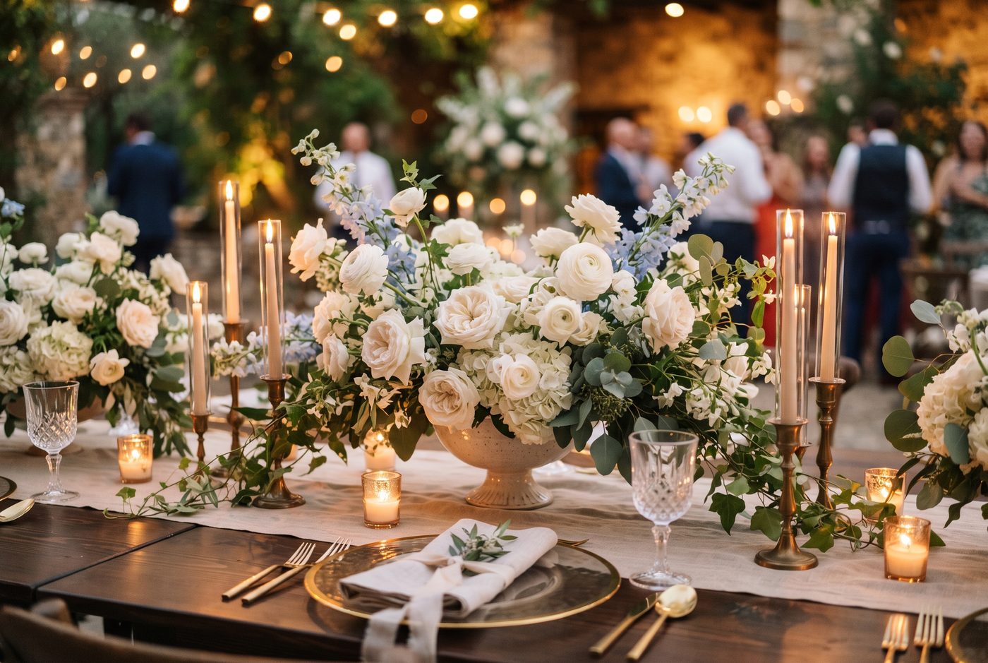 Hochzeitstafel mit üppigem Blumen-Centerpiece und Kerzen
