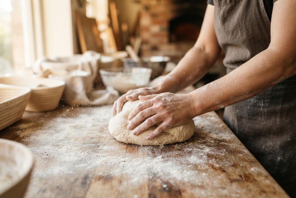 Bäckerhände formen einen Sauerteigling auf der bemehlten Holzarbeitsfläche
