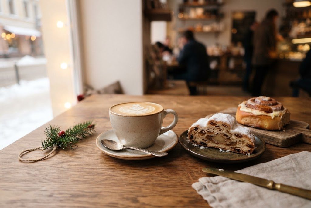 Flat White, Stollenscheibe und Zimtschnecke am Fenstertisch, daneben ein Tannenzweig