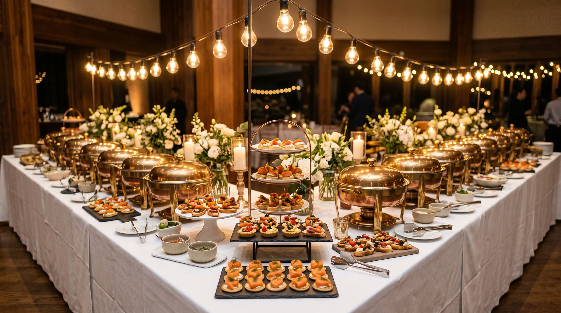 Langes Buffet mit weißer Tischdecke, messingfarbenen Chafing-Dishes, Canapés und Kerzen unter warmen Lichterketten