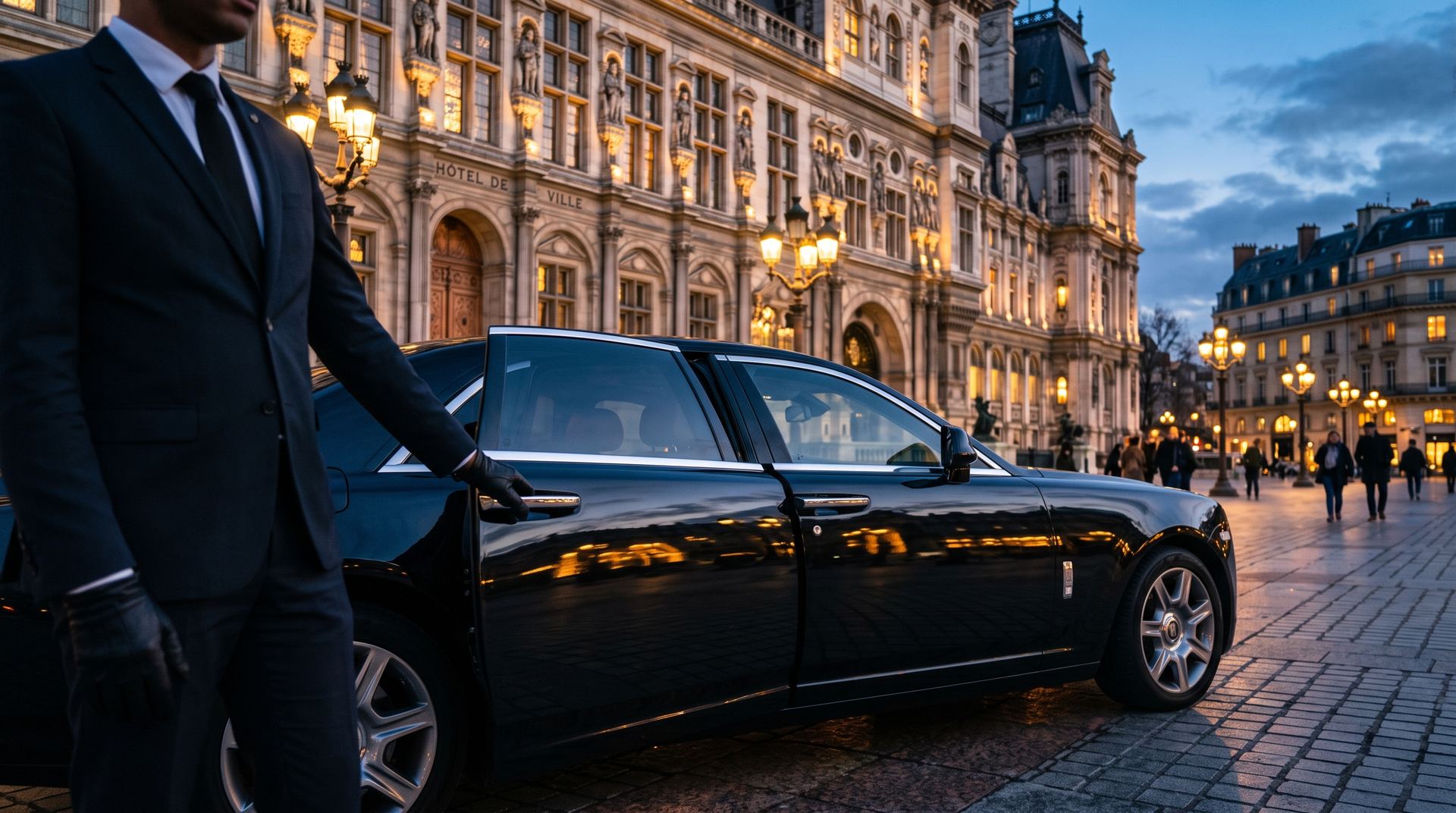 Chauffeur im Anzug öffnet die Fondtür einer schwarzen Limousine vor einem historischen Stadtpalais in der Abenddämmerung