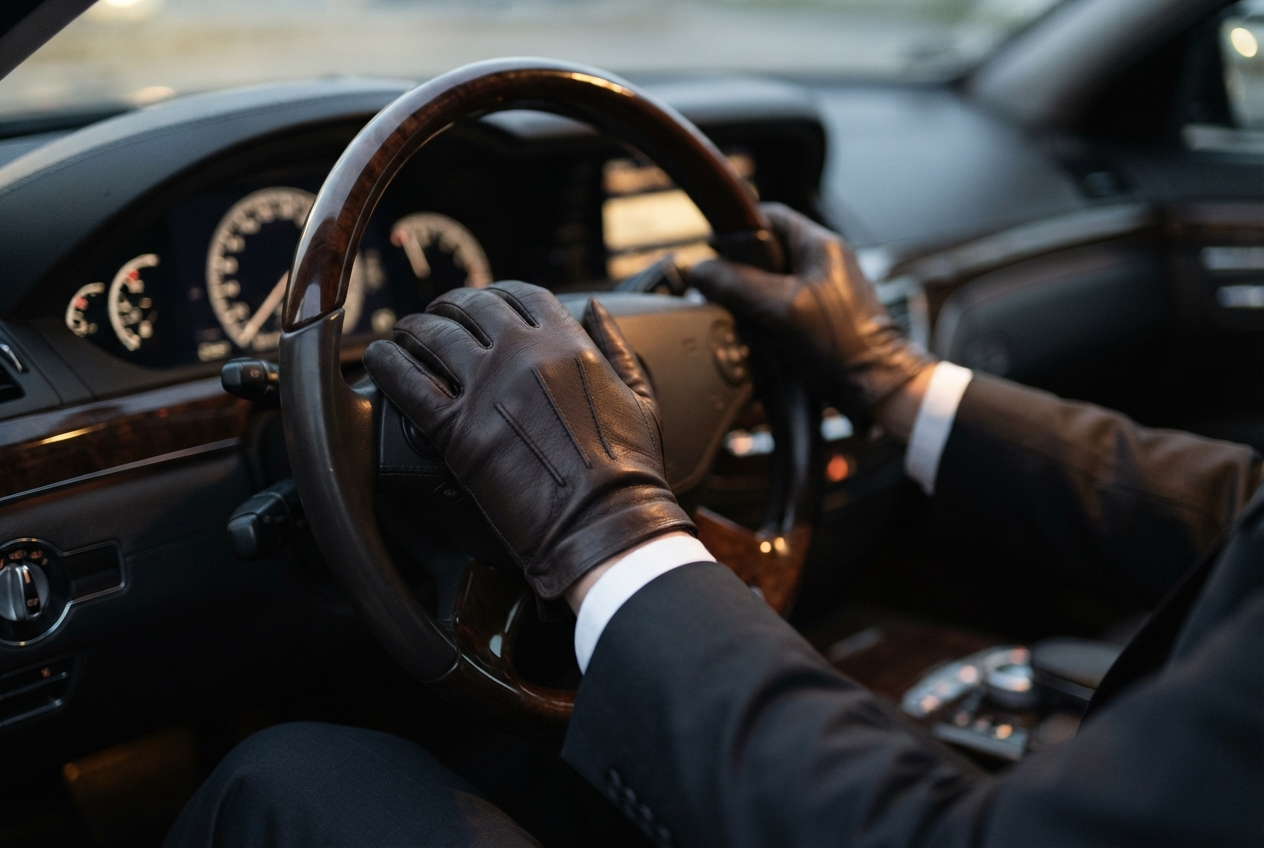 Hände eines Chauffeurs in Lederhandschuhen am Lenkrad einer Limousine