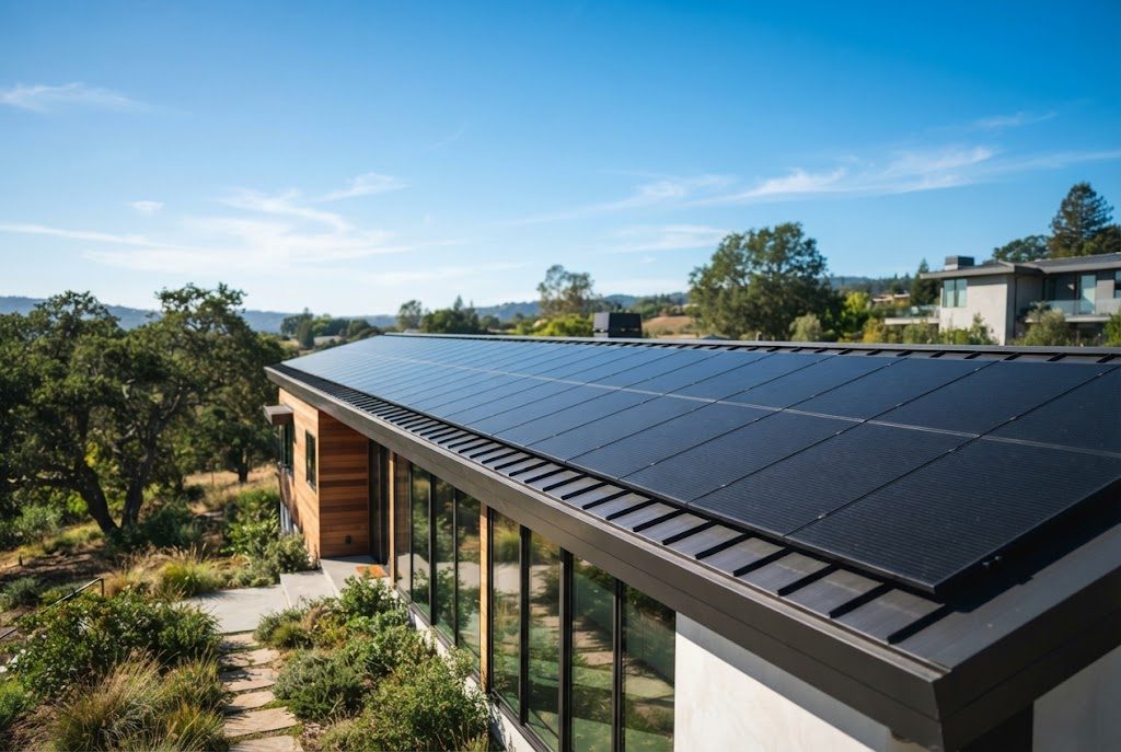 Modernes Wohnhaus mit schwarzen Photovoltaikmodulen auf dem Dach
