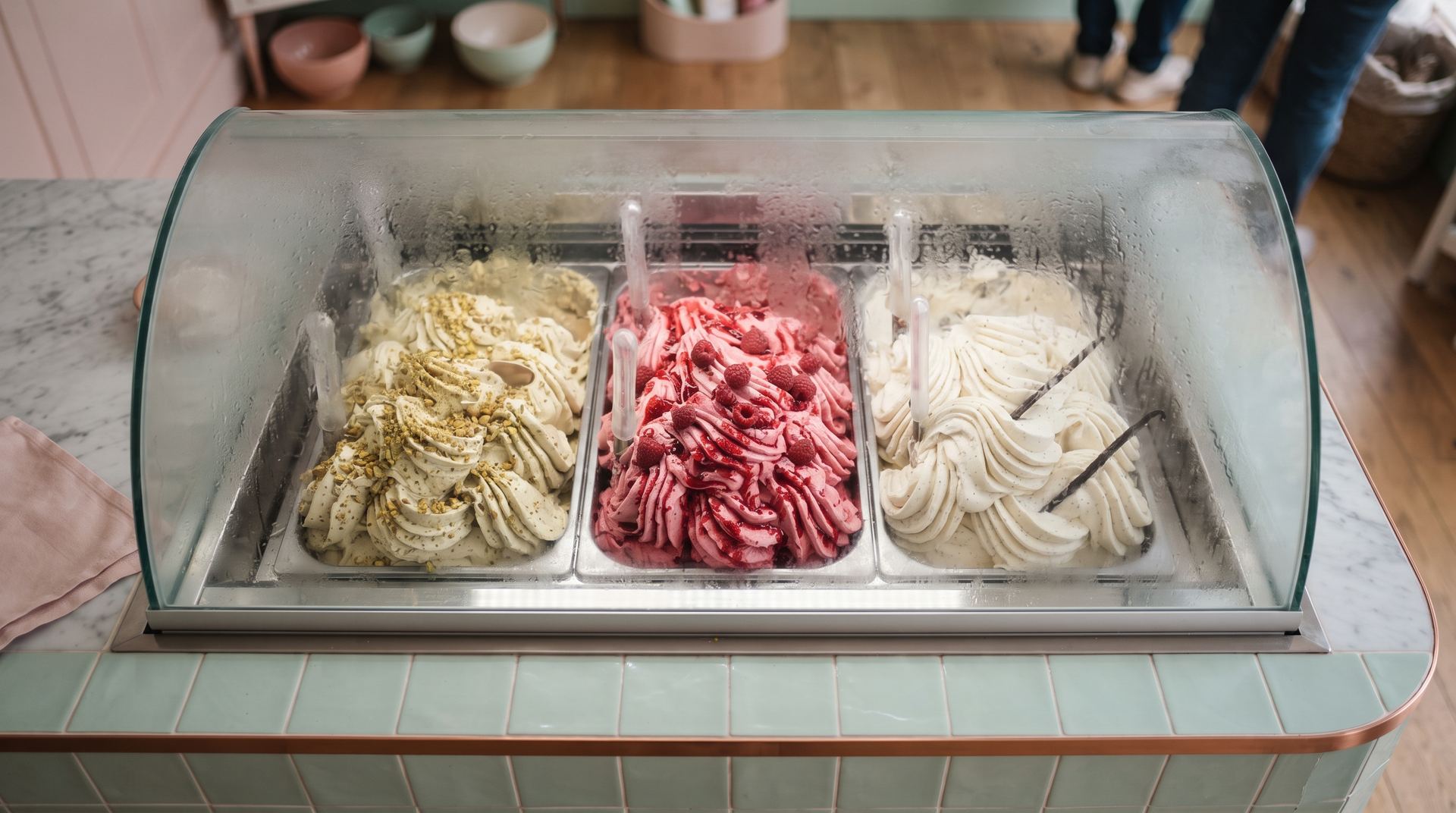 Eisvitrine der Manufaktur mit Pistazien-, Himbeer- und Vanilleeis hinter beschlagenem Glas