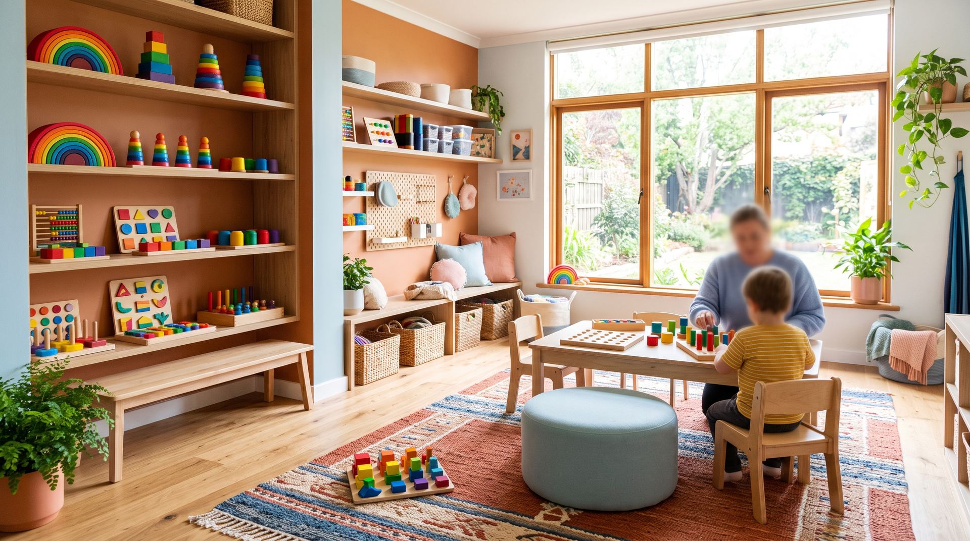 Heller Therapieraum der GREIFRAUM Praxis mit Holzspielzeug in offenen Regalen, Therapeutin und Kind am Übungstisch am Fenster
