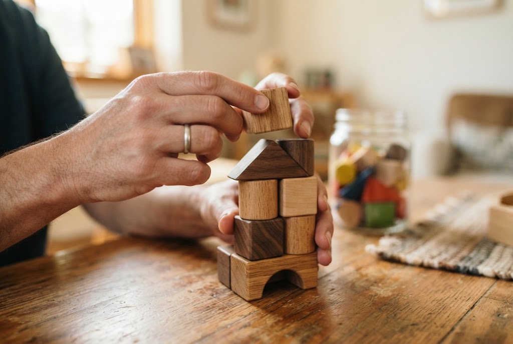 Erwachsene Hände stapeln Holzbausteine zu einem Turm auf einem Holztisch