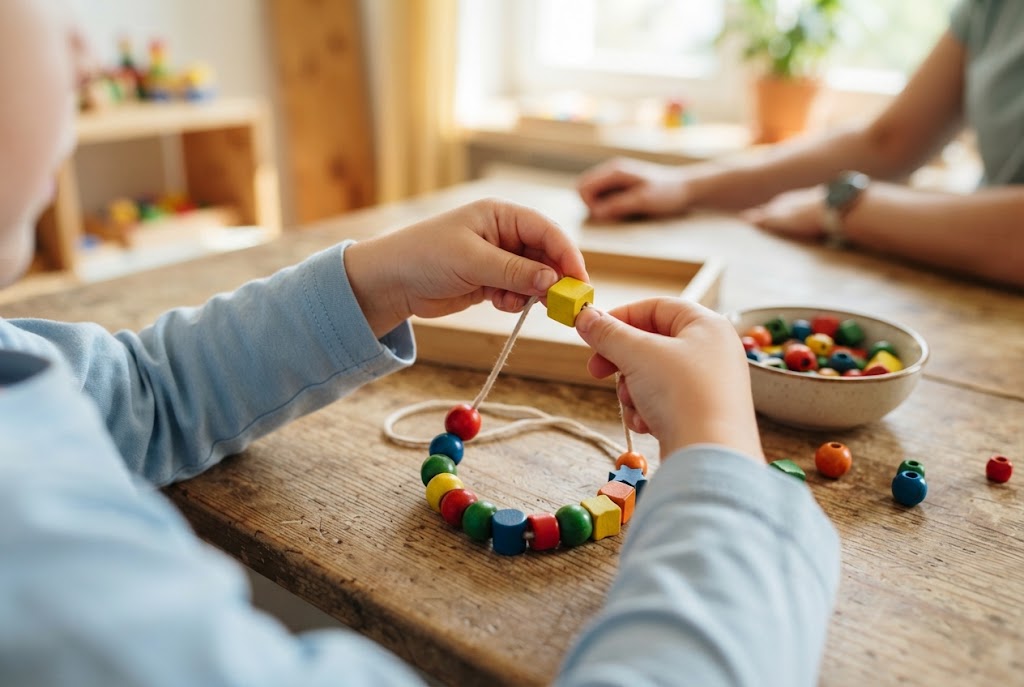 Kinderhände fädeln bunte Holzperlen auf eine Schnur, Therapeutin sitzt gegenüber am Tisch