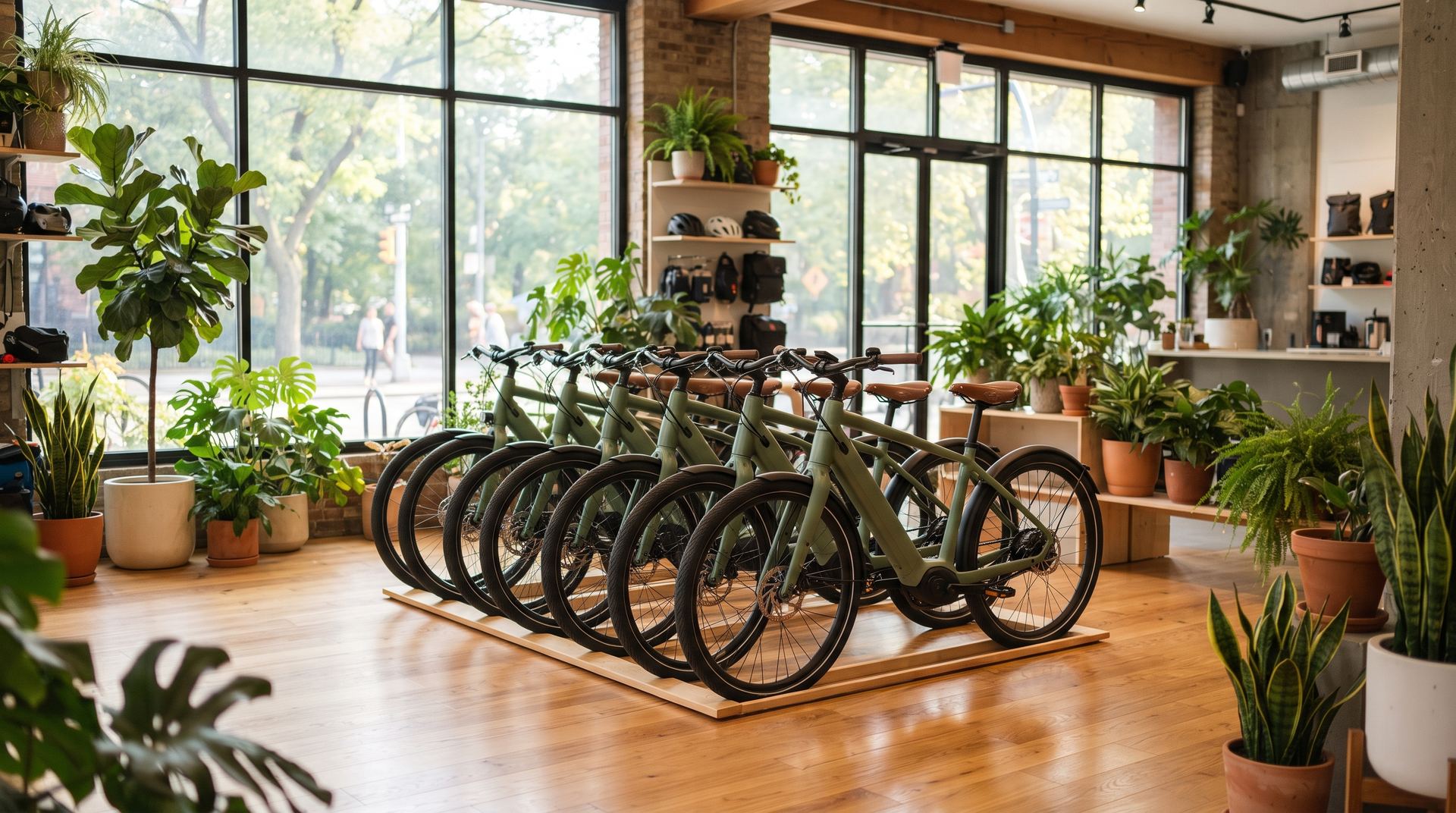 Reihe von E-Bikes in einem hellen, begrünten Showroom mit Holzboden und großen Fenstern