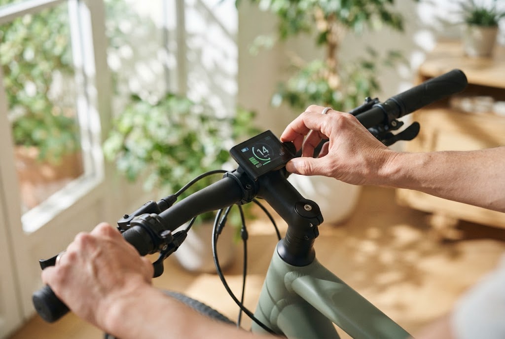 Hände stellen das Display am Lenker eines E-Bikes ein, Sonnenlicht fällt durch ein Fenster