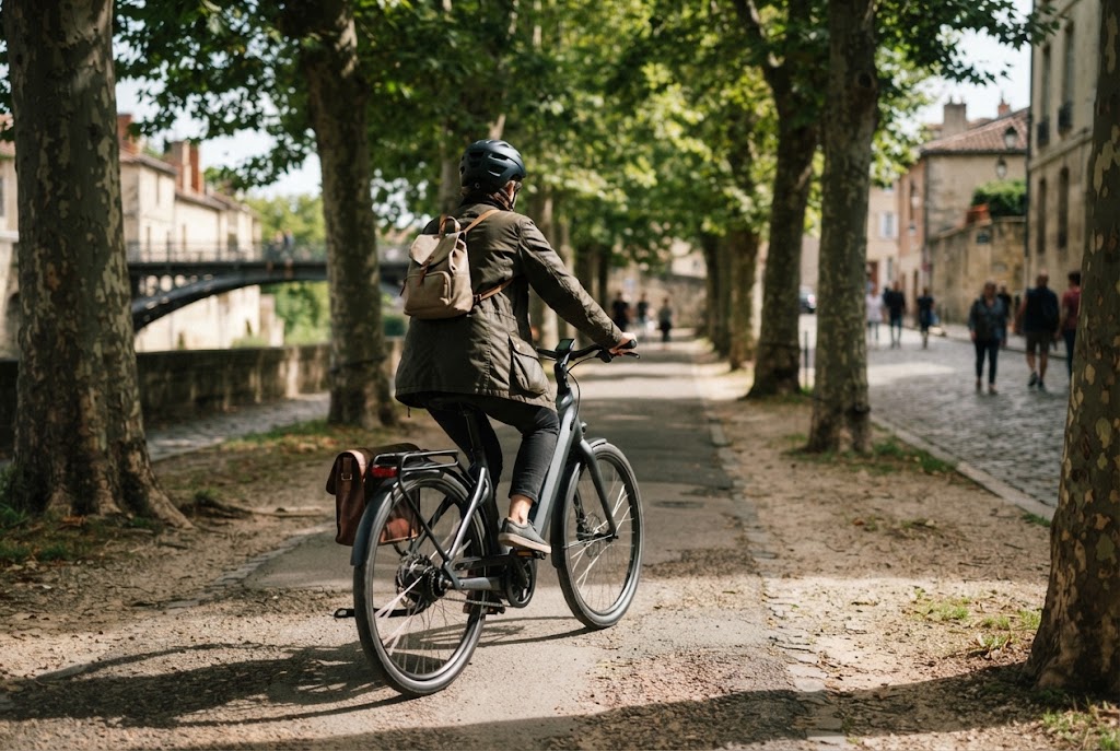 Radfahrerin auf einem E-Bike auf einem von Bäumen gesäumten Weg in der Stadt