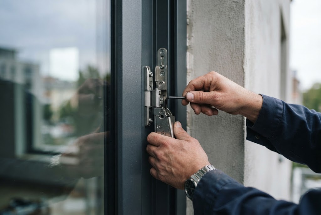 Monteur justiert den Beschlag an einem neu eingebauten Aluminiumfenster
