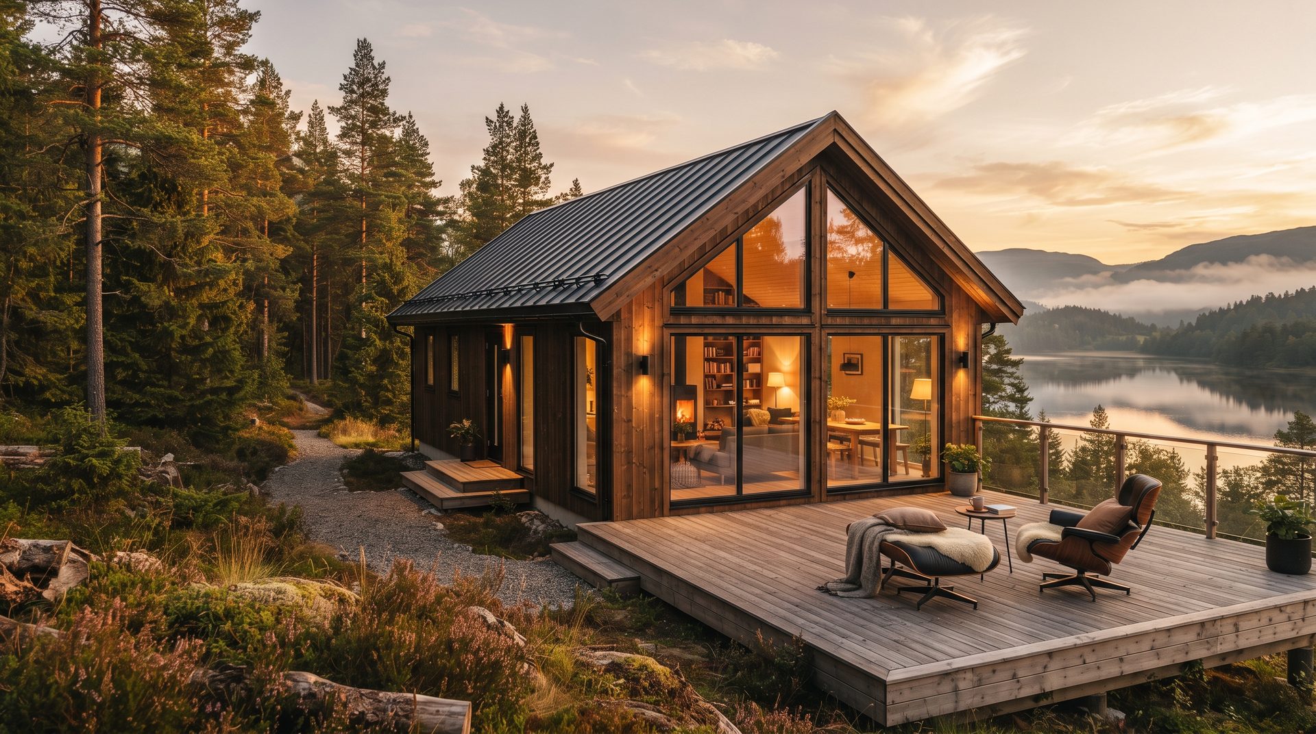 Modernes Holzhaus am nebligen See im goldenen Abendlicht