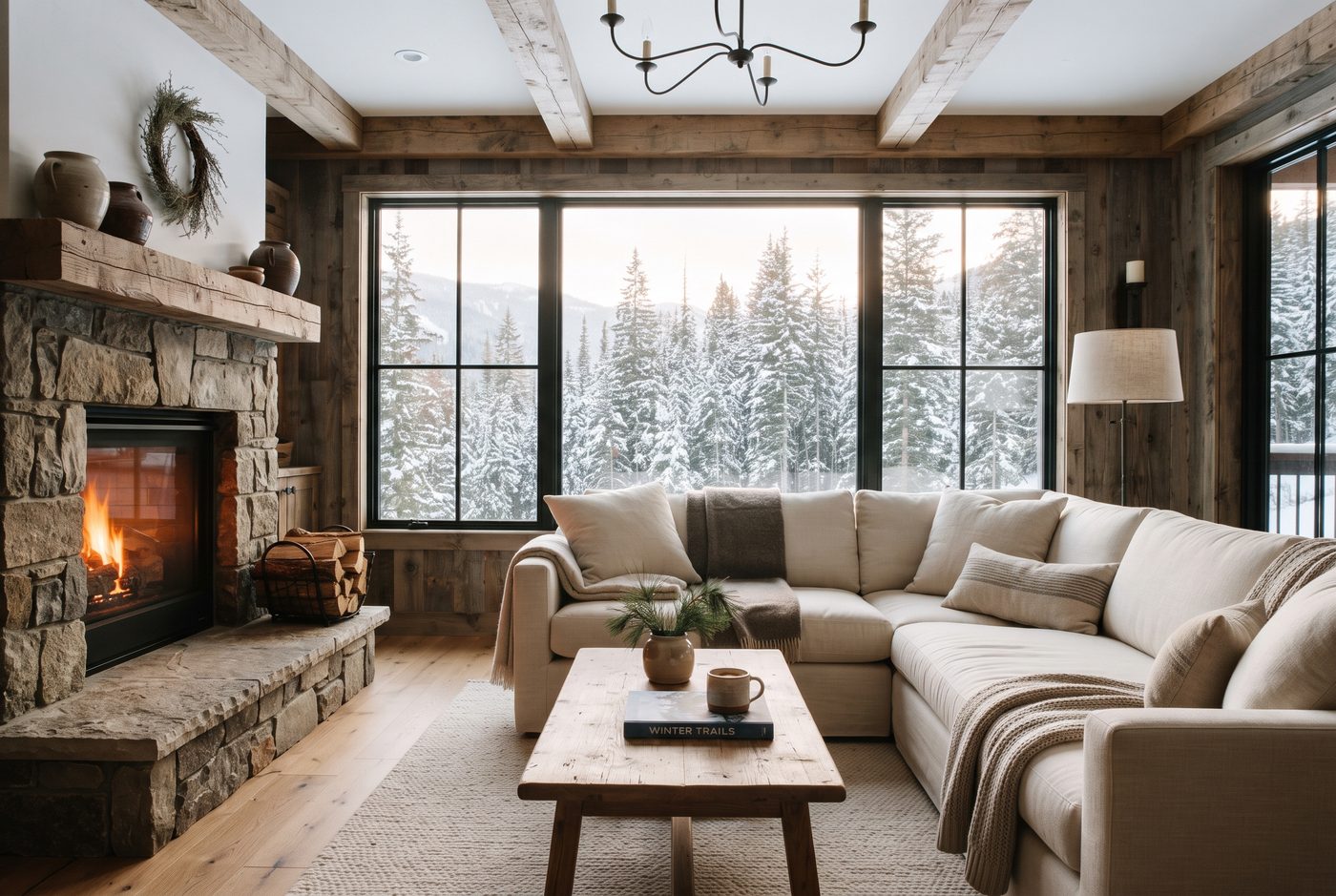 Gemütliches Wohnzimmer mit brennendem Kamin und Blick in den verschneiten Wald