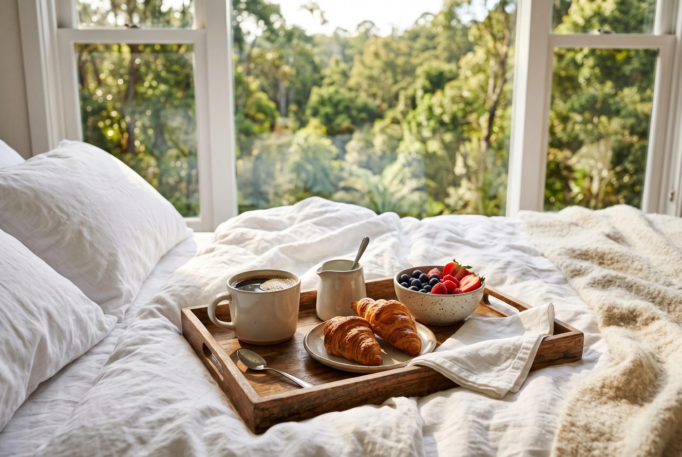 Frühstückstablett auf dem Bett mit Blick in den Wald