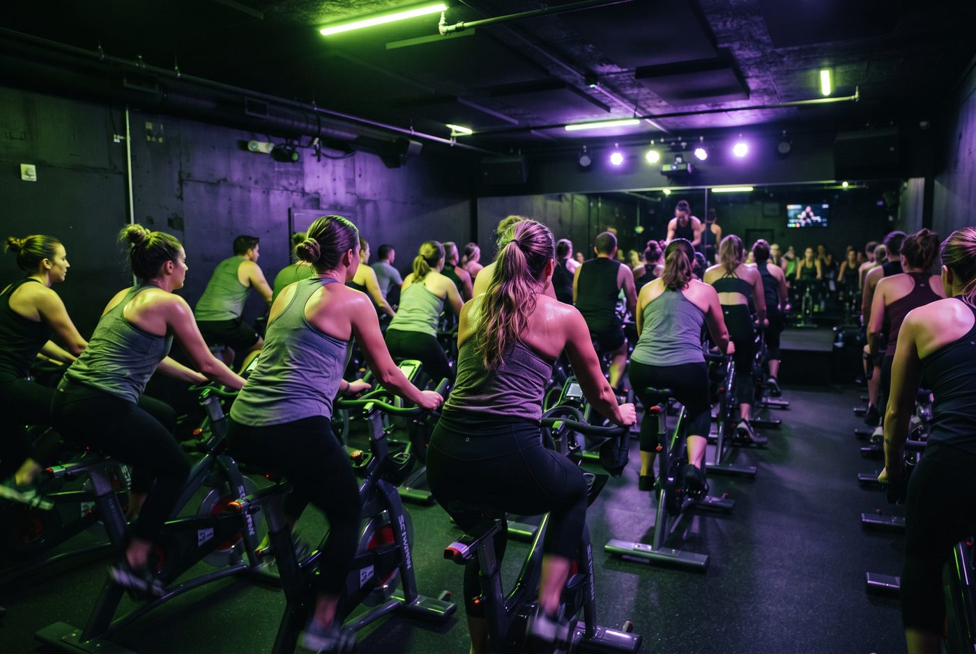 Indoor-Cycling-Kurs in Lime- und Violett-Licht, Teilnehmende auf den Bikes