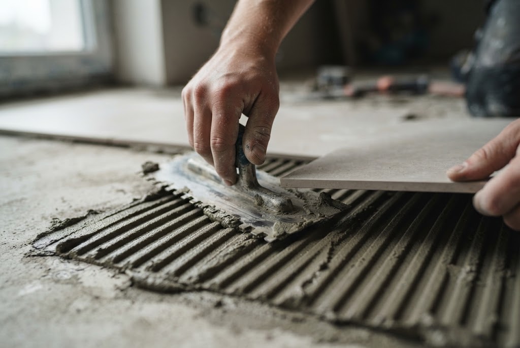 Hand zieht mit der Zahnkelle Fliesenkleber in gleichmäßigen Rillen ab, daneben wird eine Fliese angesetzt