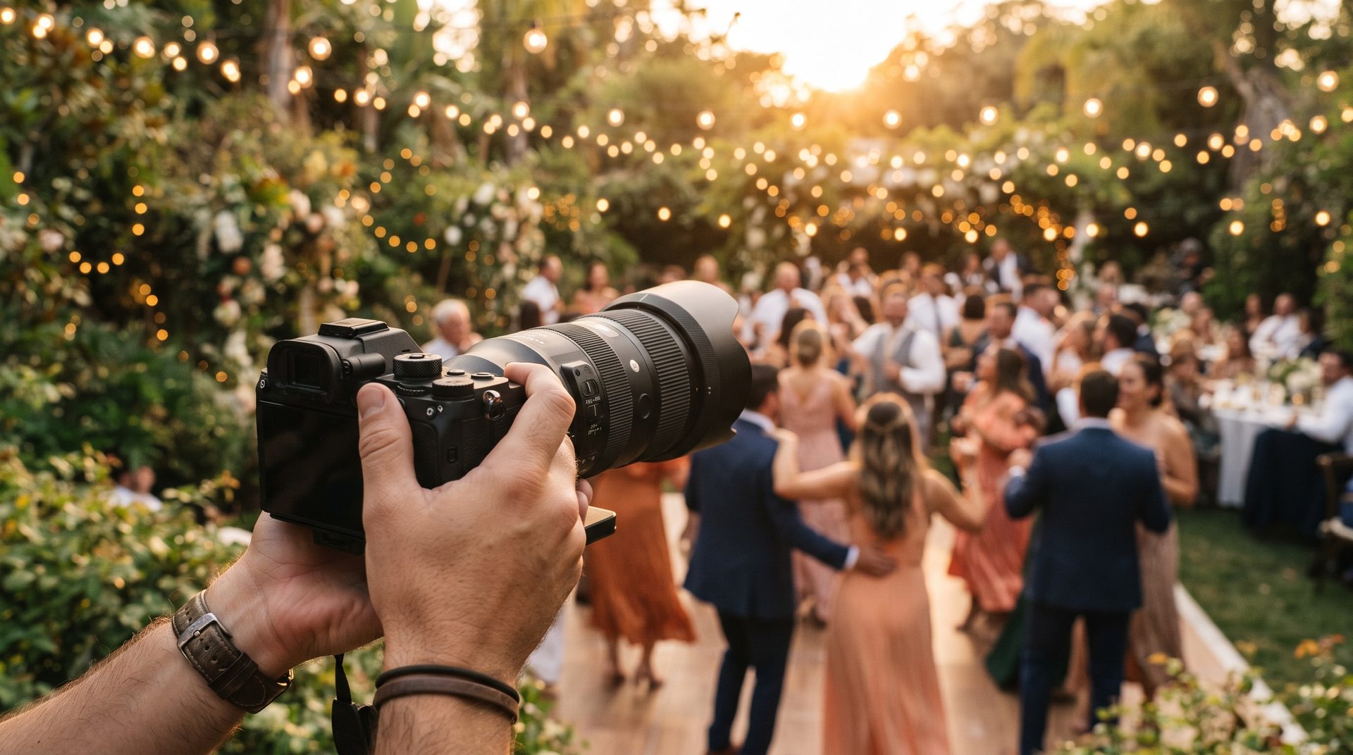 Hochzeitsgesellschaft feiert im Garten im goldenen Abendlicht, eine Kamera im Vordergrund