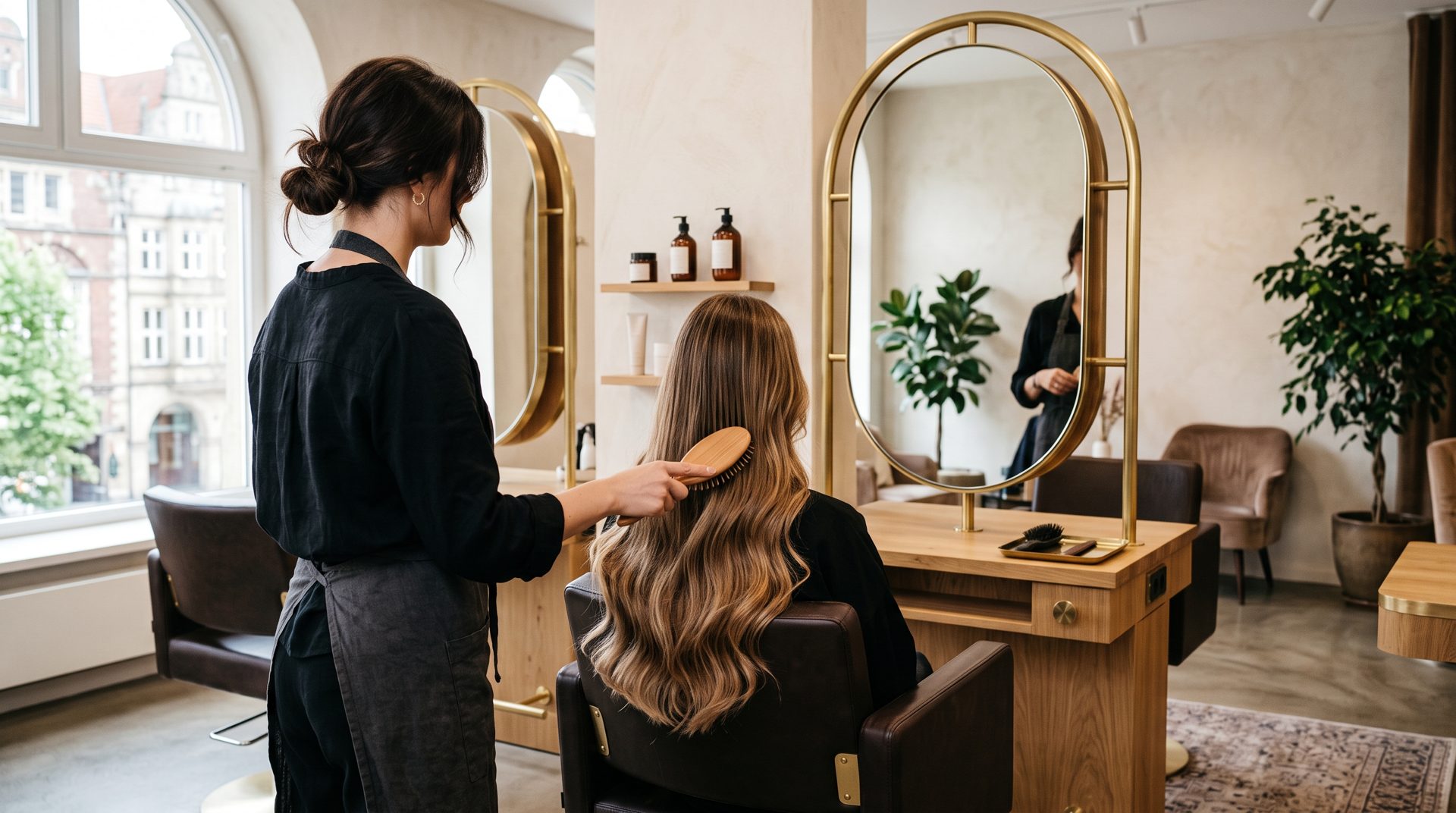 Stylistin bürstet im hellen Salon an der Wachmannstraße die blonden Wellen einer Kundin vor dem Messingspiegel