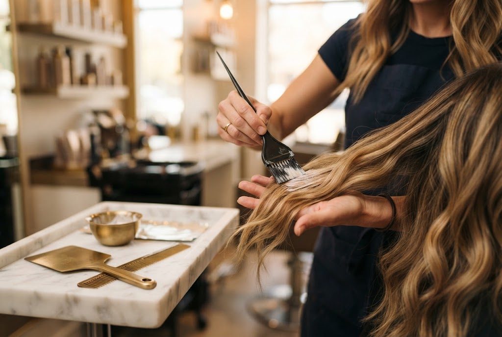 Stylistin trägt mit dem Pinsel freihand Balayage-Farbe in eine blonde Strähne ein