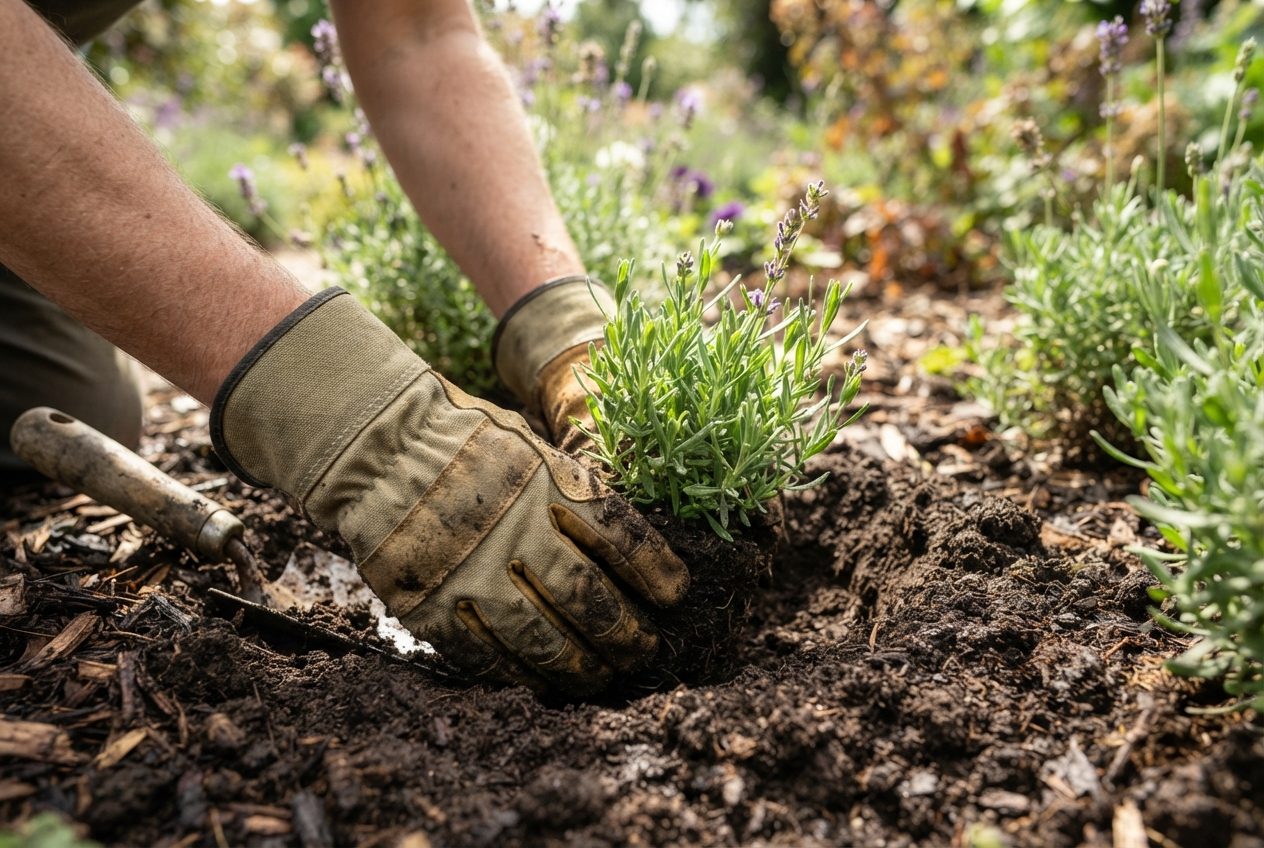Hände in Gartenhandschuhen setzen Lavendel in ein Beet