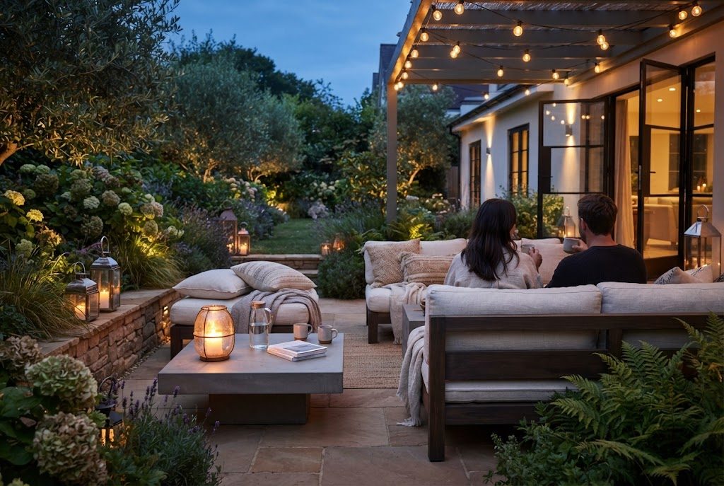 Terrassen-Lounge mit Laternen im Familiengarten in der Abenddämmerung