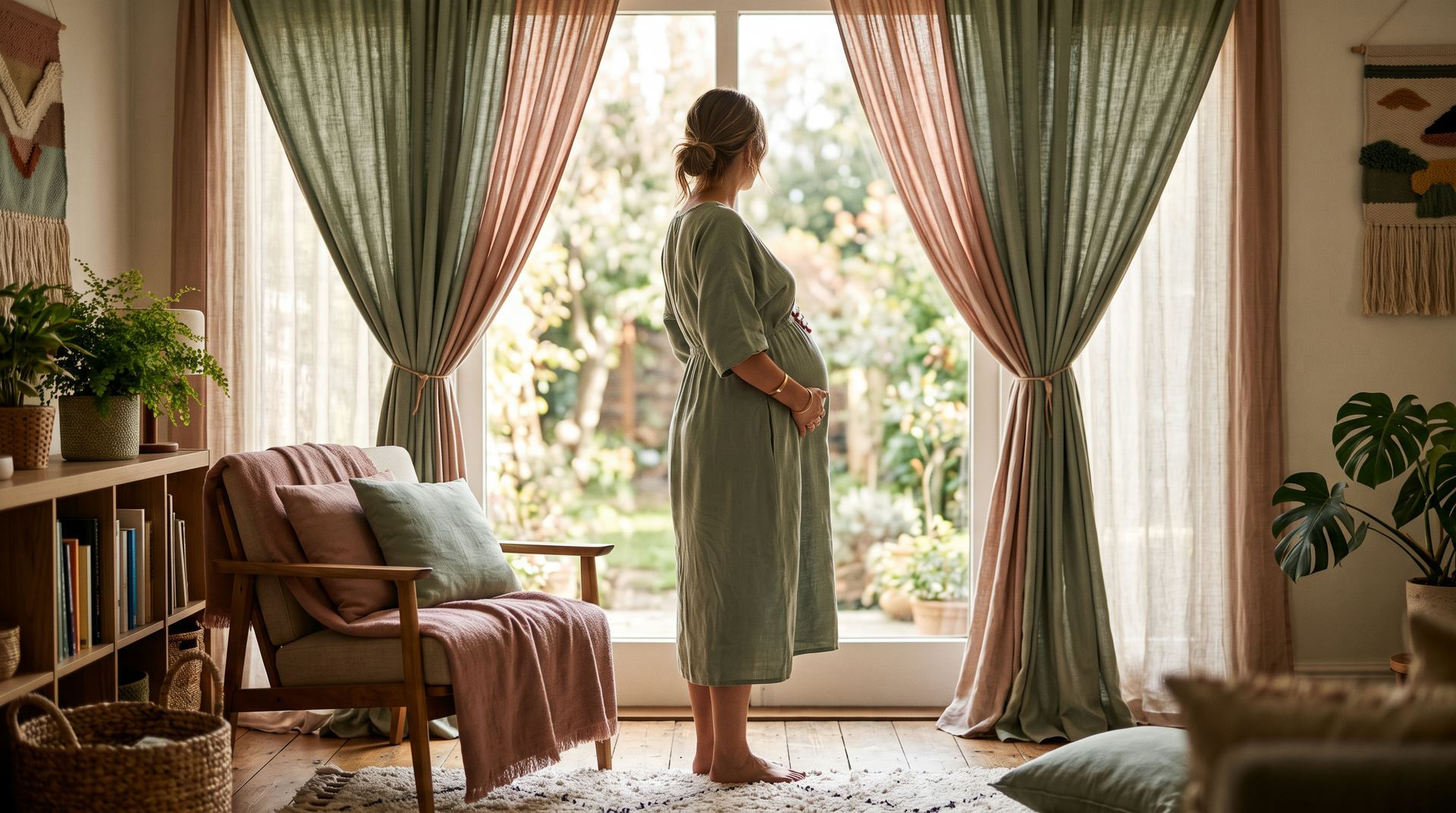 Schwangere Frau steht ruhig am sonnendurchfluteten Fenster eines warm eingerichteten Praxisraums
