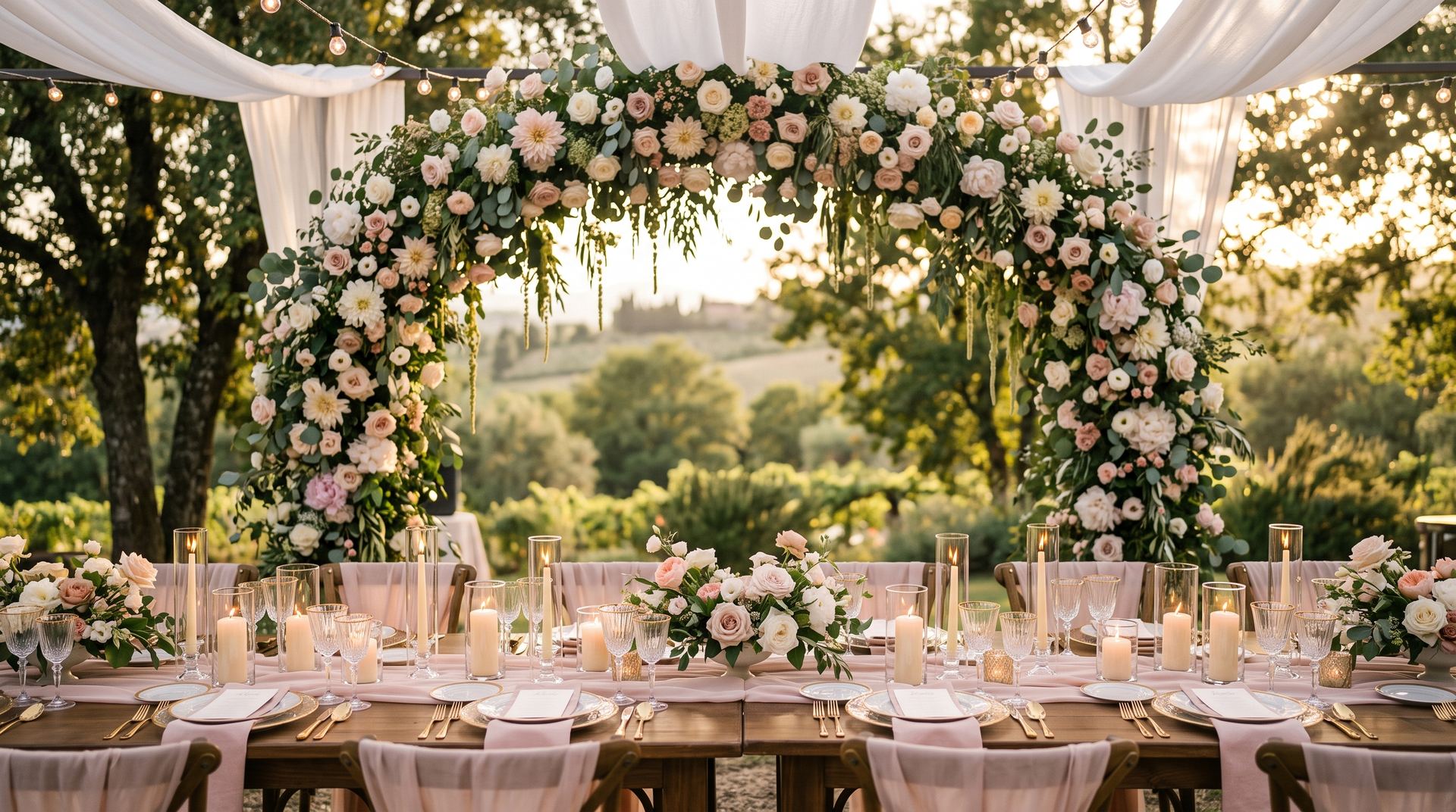Festlich gedeckte Hochzeitstafel im Freien unter einem Blumenbogen im Abendlicht