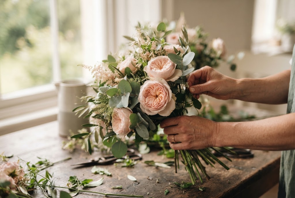 Hände binden im Atelier einen Brautstrauß aus zartrosa Rosen und Eukalyptus
