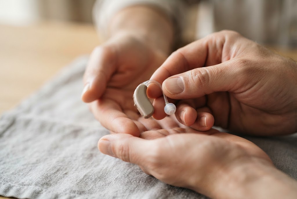 Hörakustikerin übergibt ein modernes Hörgerät in die Hand einer Kundin