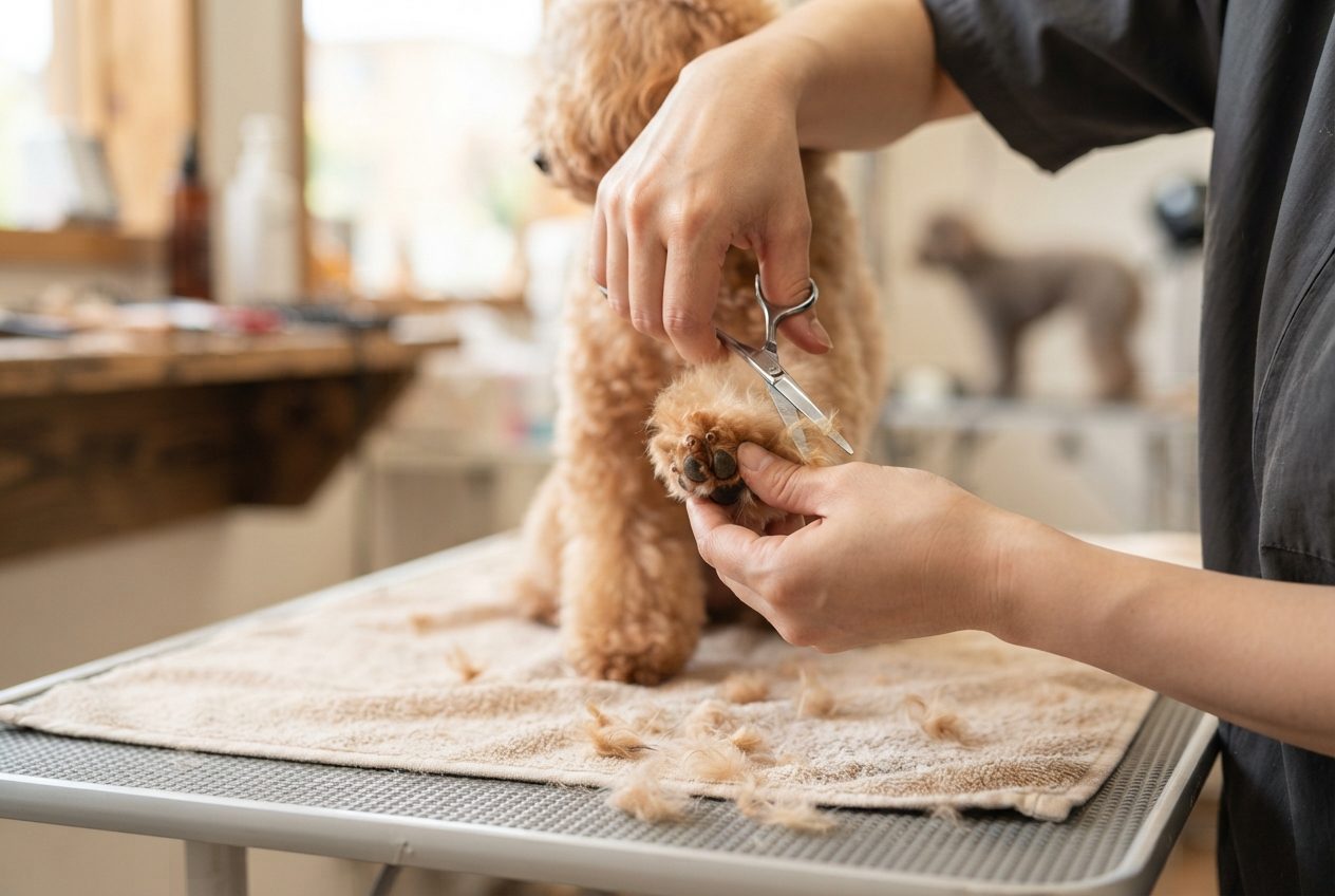 Hundefriseurin schneidet einem apricotfarbenen Pudel vorsichtig das Fell an der Pfote