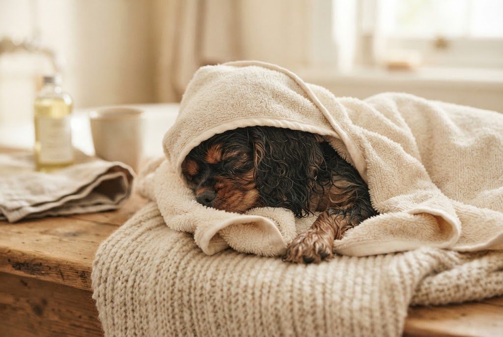 Frisch gebadeter kleiner Hund liegt eingewickelt in ein Handtuch auf einer Strickdecke