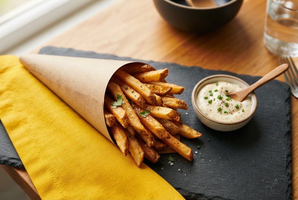 Doppelt frittierte Pommes in einer Papiertüte mit Dip, von oben fotografiert