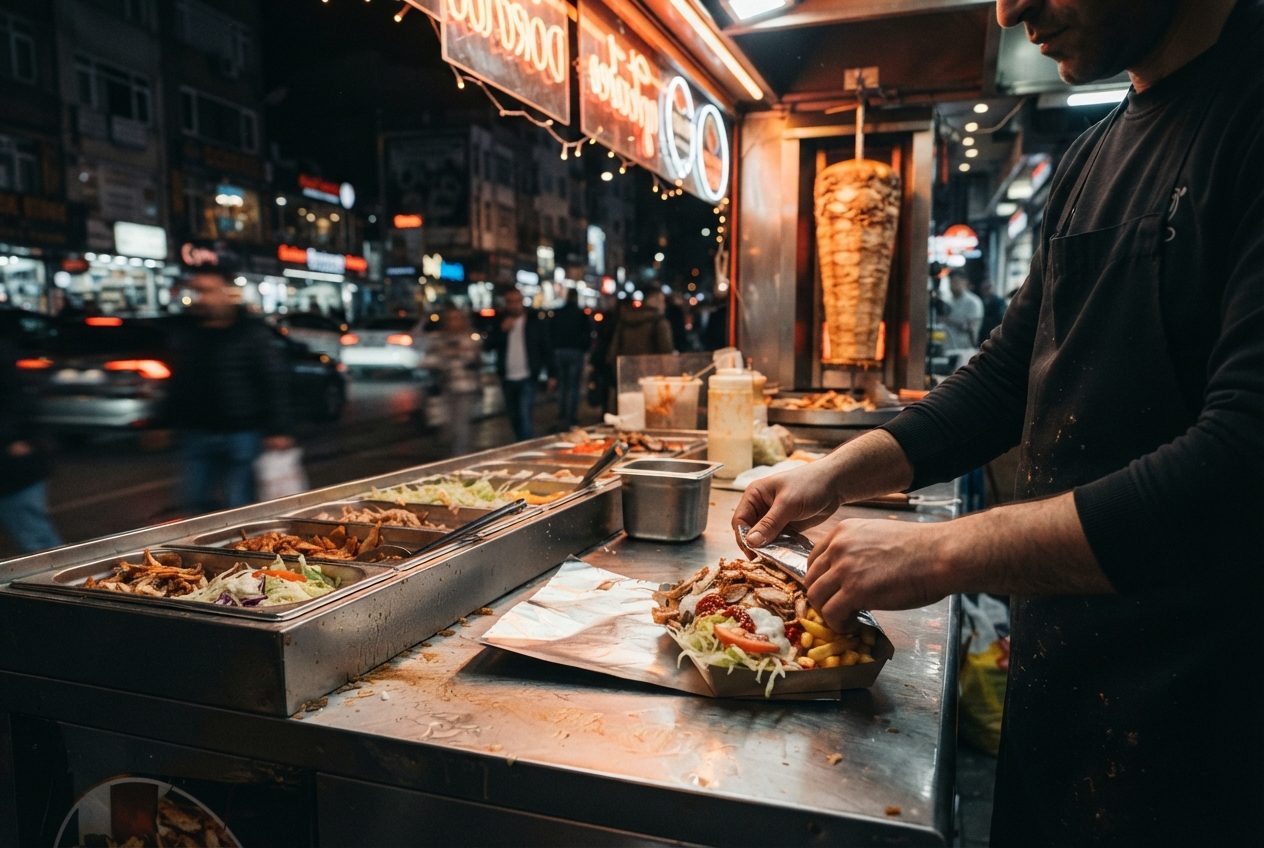 Abends an der Theke: eine Döner-Box wird eingepackt, im Hintergrund dreht sich der Kalbsspieß