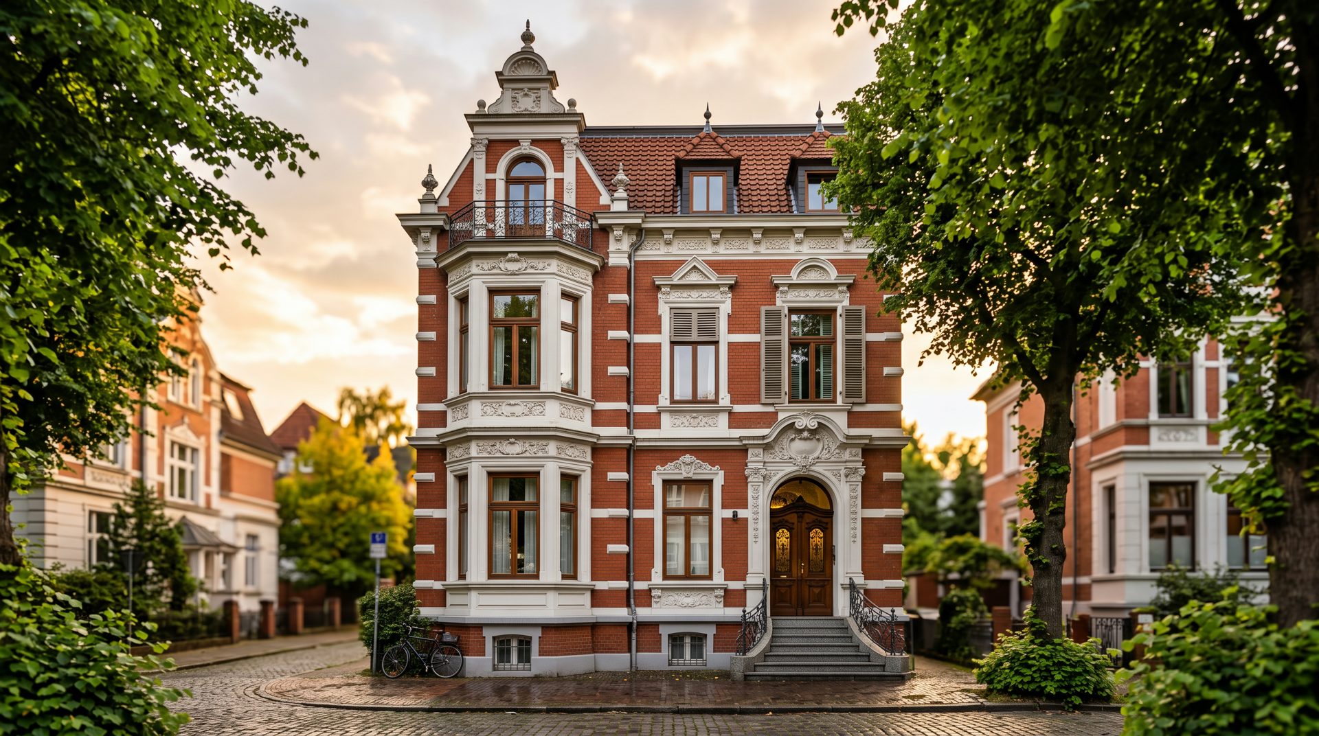 Altbremer Haus in Schwachhausen mit rotem Klinker, weißem Stuck und Erker im goldenen Abendlicht